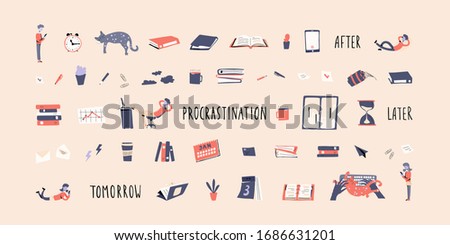 Procrastinating Vector Colorful Set in flat cartoon style for Illustrations, Landing Pages, Web Project, Applications. Dreaming and resting young man, girl, student, supplies for work, study, business