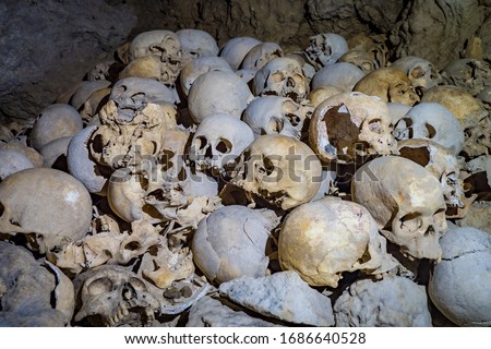 Skulls collected by cannibals in a cave in Papua New Guinea Royalty-Free Stock Photo #1686640528