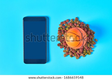 Dry food for pet near smartphone or tablet and rubber basketball ball on blue background. Concept of remote control, care and supervision of pets at home or in shelters. Top view