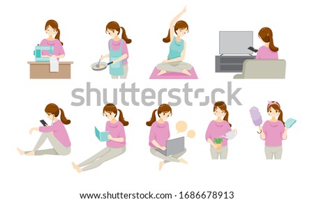 Woman Stays At Home And Work From Home With Many Activities, Protection For Coronavirus Disease, Covid-19, Daily Routines Of Woman, Lifestyle, Leisure, Hobby