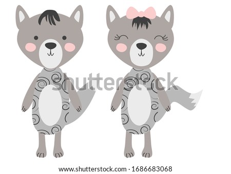 grey wolfs isolated on white background. Cute forest animals in scandinavian and folk style. Scandinavian style flat design.