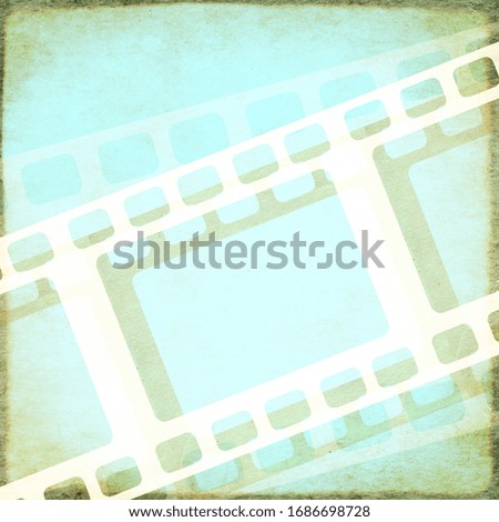 Grunge background with retro filmstrips and old paper texture of blue color. Vintage square backdrop. Copy space for text. Mock up template