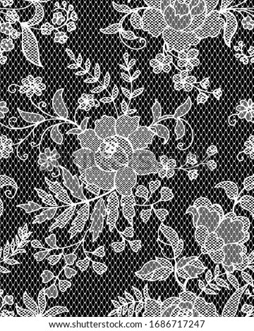 Lace allover with amazing Floral vintage motifs, flowers, leafs, branches with crochet textured, vector seamless pattern great for textile,wedding ornaments, backgrounds texture and surface design   