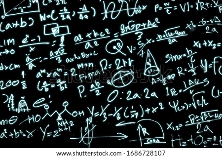 Black paper with a lot of mathematical formulas, The characters are glowing. Royalty-Free Stock Photo #1686728107