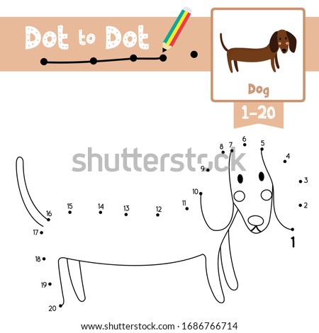 Dot to dot educational game and Coloring book of Dachshund animals cartoon for preschool kids activity about learning counting number 1-20 and handwriting practice worksheet. Vector Illustration.
