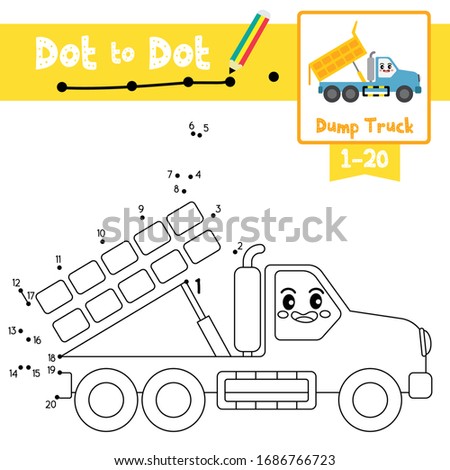 Dot to dot educational game and Coloring book of cute Dump Truck cartoon transportations for kids activity about learning counting number 1-20 and handwriting practice worksheet. Vector Illustration.