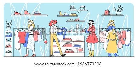 Happy female customers choosing clothes at fashion store flat vector illustration. Girls taking apparel from hanger and buying garment. Retail and style concept