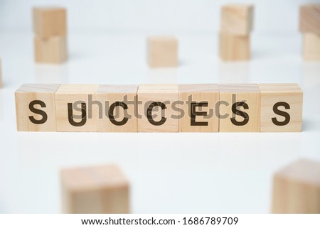 Modern business buzzword - success. Word on wooden blocks on a white background. Close up.