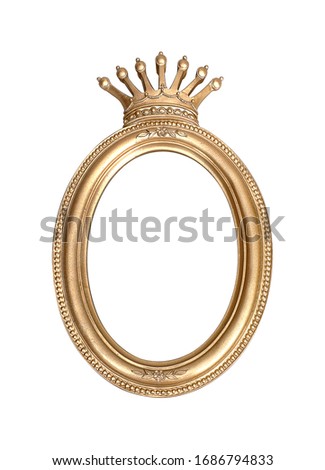 Golden frame with crown for paintings, mirrors or photo isolated on white background. Design element with clipping path