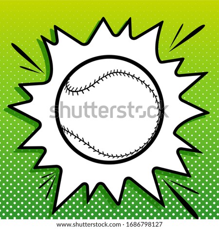 Baseball ball sign. Black Icon on white popart Splash at green background with white spots. Illustration.