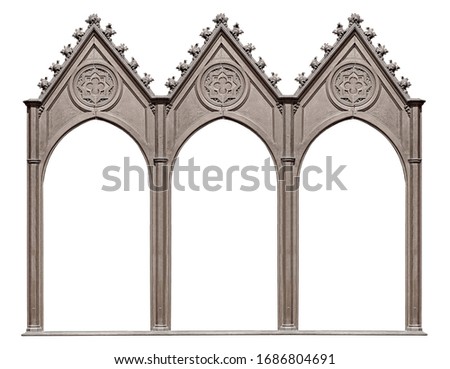 Triple silver gothic frame (triptych) for paintings, mirrors or photos isolated on white background. Design element with clipping path