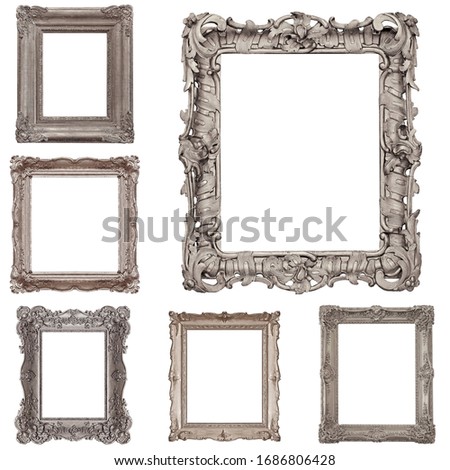 Set of silver frames for paintings, mirrors or photo isolated on white background	