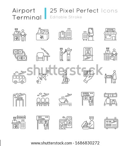 Airport terminal pixel perfect linear icons set. Boarding pass. Flight information. Smoking area. Customizable thin line contour symbols. Isolated vector outline illustrations. Editable stroke