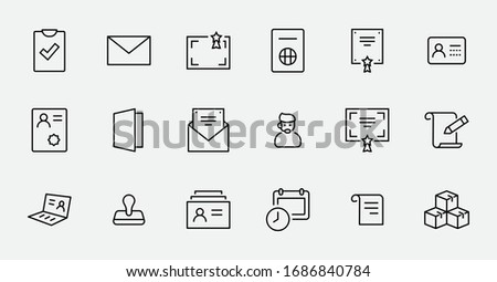 Set of Legal Documents Related Vector Line Icons. Contains such Icon as Visa, Contract, Declaration, License, Permission, Grant and more. Editable Stroke. 32x32 Pixels Royalty-Free Stock Photo #1686840784