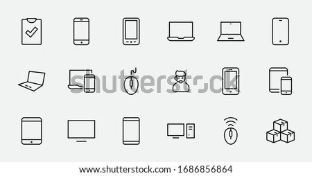 Set of smart devices and gadgets, computer equipment and electronics. Electronic devices icons for web and mobile vector line icon. Editable Stroke. 32x32 pixels. Royalty-Free Stock Photo #1686856864