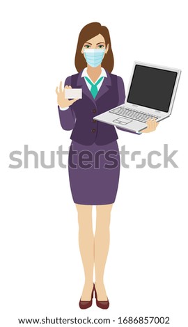 Businesswoman with medical mask holding a laptop notebook and showing a business card. Full length portrait of businesswoman in a flat style. Vector illustration.
