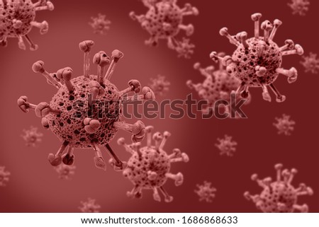 Abstract virus strain model of Coronavirus disease COVID-19 on the red background. Model of virus made from plasticine and matches. Theme of health care, medical treatment and disease prevention. Royalty-Free Stock Photo #1686868633