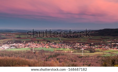 Tilt Shift Picture of the Small Town of Schesslitz in Bavaria, Germany. View from Giechburg Castle. Taken in the morning hours before sunset