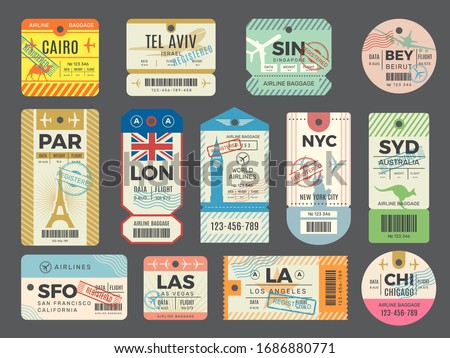 Baggage retro tags. Traveling old tickets flight labels stamps for luggage vector set Royalty-Free Stock Photo #1686880771