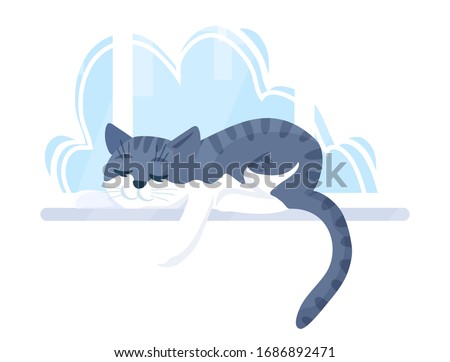 Adorable cat sleeping on the windowsill. Purebred tabby pet, lazy animal character. Isolated concept vector illustration in cartoon flat style.