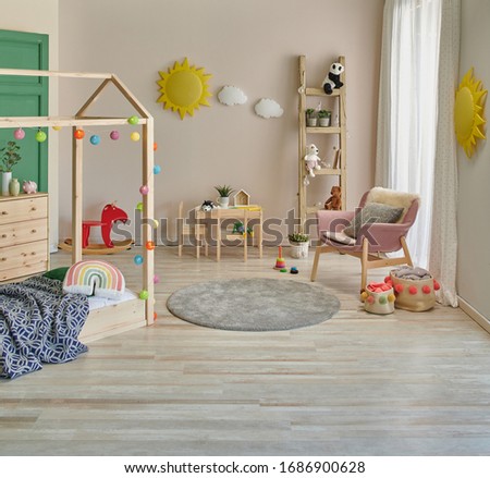 House bed and Montessori wooden object style, young room, carpet window and cabinet interior.
