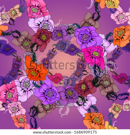 Vector drawing. Flowers with leaves. Seamless patterns. Use printed materials, signs, objects, sites, maps.