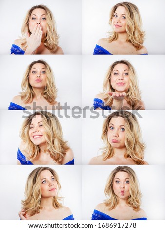 Photo collage of a cute girl. Women's emotions. Acting skills. Isolated portrait of a beautiful smiling woman.