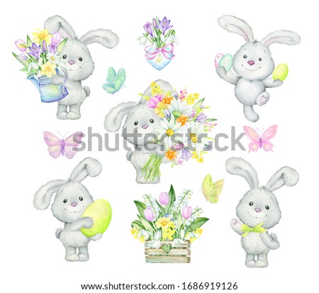 Little bunnies, butterflies, flowers, Easter eggs. Watercolor set, cliparts, on an isolated background. Bunnies, butterflies, flowers, eggs, for Easter and children's holidays.