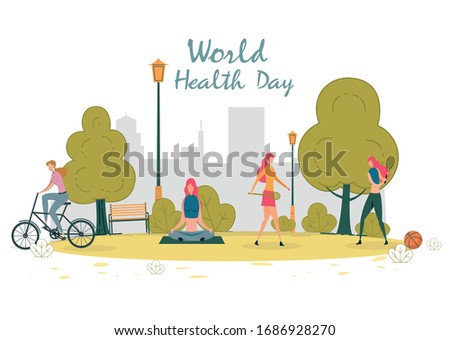 International Healthy Lifestyle Day Concept. People Doing Various Physical Activity as Running, Playing Badminton, Riding Bicycle, Doing Exercise in Park among Tree and Bush Vector Illustration.