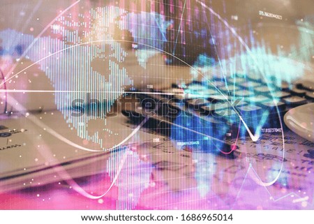 Double exposure of business theme drawings and desk with open notebook background. Concept of international market