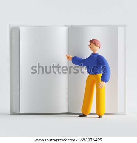 3d render man cartoon character standing in front of big open book. Blank mockup with copy space. Clip art isolated on white background. Student reading. Education concept.