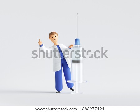 3d render. Doctor cartoon character holding big syringe with vaccine against virus. Clip art isolated on white background. Vaccination clinical research, medical healthcare concept
