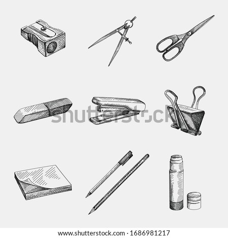 Hand-drawn sketch of Stationery Supplies for School and Office Set. The set includes pencil sharpener, compass (for drawing), scissors, eraser, rubber, stapler, sticker note, pen, pencil, glue stick 