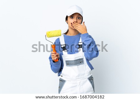 Painter woman over isolated white background showing a sign of silence gesture