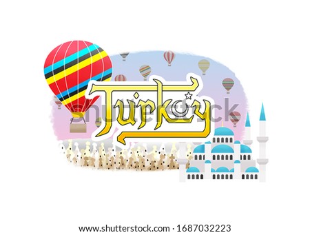 Logo of a group of morning flight balloons flying over the sky above Pamukkale and Goreme, with giant red balloon and Blue Mosque in the front