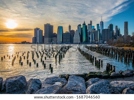 Lower Manhattan Skyline at Sunset from Brooklyn Bridge Park