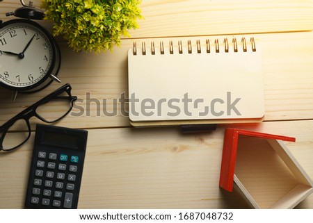 coronavirus conceptual. composition of office supplies on wooden desk with copy space for text. flat lay Royalty-Free Stock Photo #1687048732