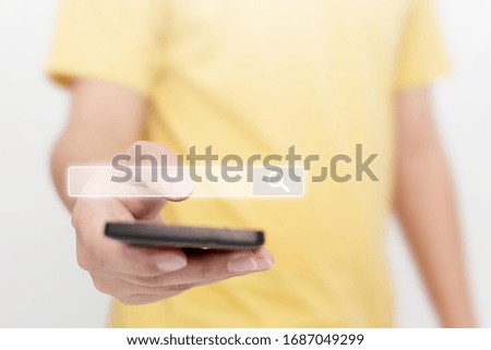 Man using smartphones to find what they are interested in. Searching information data on internet networking concept