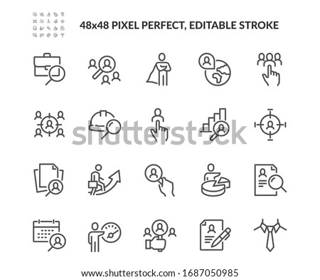 Simple Set of Headhunting Related Vector Line Icons. Contains such Icons as Self Presentation, Resume, Work group and more. Editable Stroke. 48x48 Pixel Perfect. Royalty-Free Stock Photo #1687050985