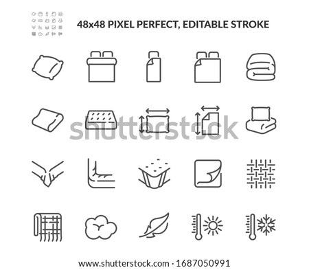 Simple Set of Linens Related Vector Line Icons. Contains such Icons as Blanket, Single and Double Bed, Weather Conditions. Editable Stroke. 48x48 Pixel Perfect.
