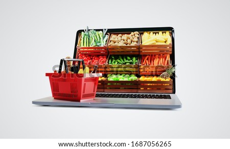 Service for delivery app. Food market in laptop. Online shop on web site. Food delivery background concept. Online shop in your smartphone. Shopping cart.