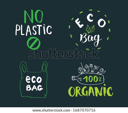 Eco and Bio Hand Drawn labels Set. Calligraphic Letterings with eco friendly sketch doodle elements. Vector illustration.