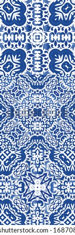 Portuguese vintage azulejo tiles. Kit of vector seamless patterns. Fashionable design. Blue antique backgrounds for pillows, print, wallpaper, web backdrop, towels, surface texture.