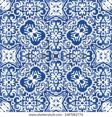 Ornamental azulejo portugal tiles decor. Bathroom design. Vector seamless pattern trellis. Blue gorgeous flower folk print for linens, smartphone cases, scrapbooking, bags or T-shirts.