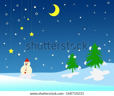 Winter scenery with snowman at Christmas.