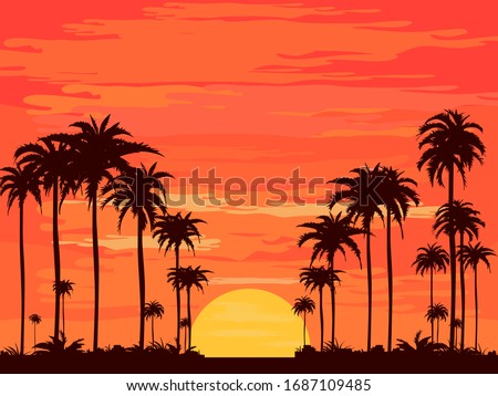 The evening on the beach Summer orange sky and coconut tree shadow