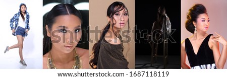 Collage Portrait of 20s Asian Woman who has long straight black hair tanned skin slim presents many poses, dress and styles. Girl present Fashion trend in set