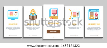 Reading Library Book Onboarding Mobile App Page Screen Vector. Reading And Learning, Smartphone And Computer Education E-book, Shelf With Literature Color Contour Illustrations