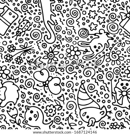 black and white seamless vector pattern with animals and flowers