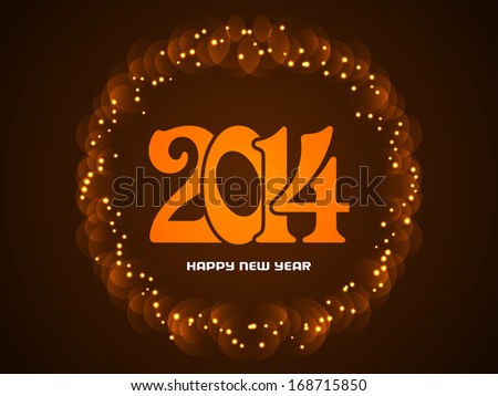 elegant happy new year 2014 design inside a shining circular frame on brown color background. vector illustration
